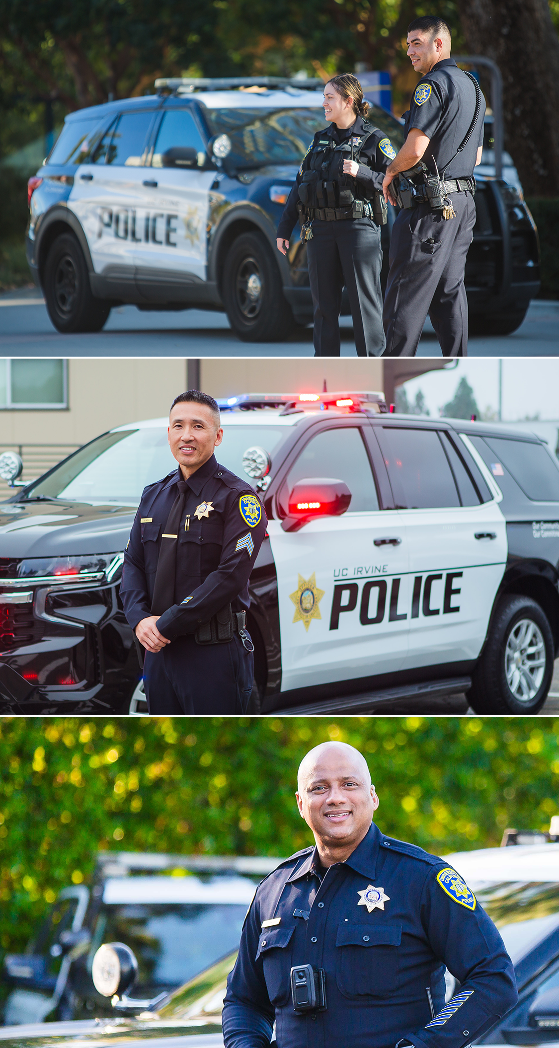 Top picture shows Officer Carcamo and Officer Vasquez standing by a police car smiling while looking out into the distance. The bottom photo shows Sergeant Phou smiling in front of a police car